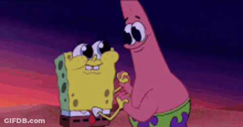 Spongebob And Patrick From Spongebob Squarepants Are Standing Next To Each Other GIF