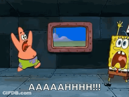 Spongebob And Patrick From Spongebob Squarepants Are Standing Next To Each Other In A Room . GIF