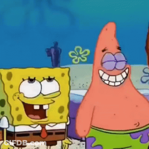 Spongebob And Patrick From Spongebob Squarepants Are Standing Next To Each Other On The Beach . GIF