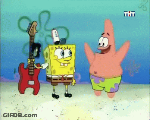 Spongebob And Patrick From Spongebob Squarepants Are Standing On The Beach GIF