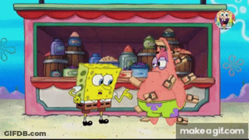 Spongebob And Patrick Standing In Front Of Store GIF