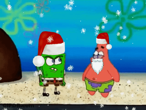 Spongebob And Patrick Wearing Santa Hats On A Sandy Beach GIF