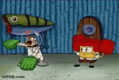 Spongebob And Sandy Cheeks Are Standing Next To Each Other In A Cartoon Scene . GIF