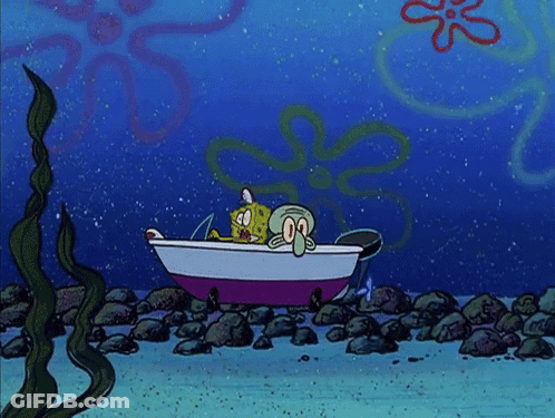 Spongebob And Squidward Are Sitting In A Boat In The Ocean GIF