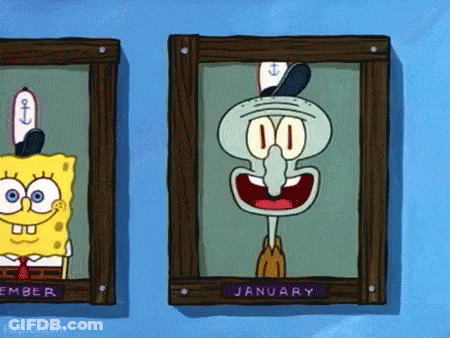 Spongebob And Squidward In Wooden Frames January GIF