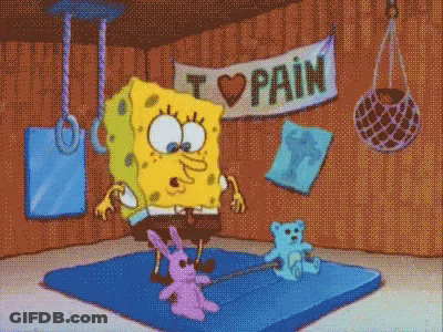 SpongeBob And Teddy Bear Holding I Love Pain Sign GIF