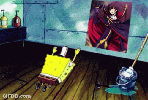 SpongeBob Cleaning Floor In Front Of Lelouch Poster GIF
