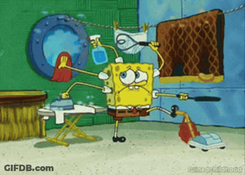 SpongeBob Holding Vacuum And Ironing GIF