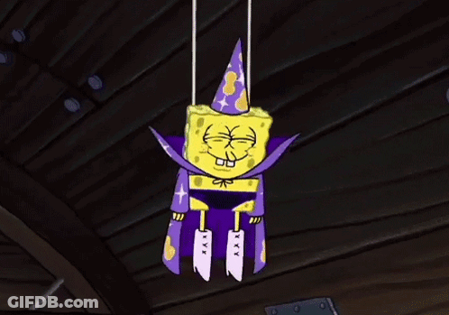 SpongeBob In Purple Cape And Party Hat Hanging From String GIF