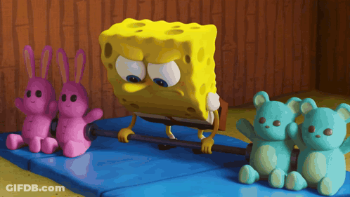 Spongebob Is Lifting A Barbell With Two Pink Rabbits And Two Blue Teddy Bears GIF