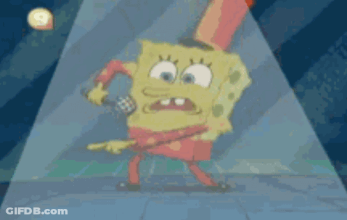 Spongebob Is Singing Into A Microphone While Wearing A Red Top Hat . GIF