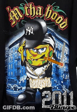 Spongebob Is Wearing A Ny Yankees Hat And Smoking A Cigar On A Black Shirt . GIF