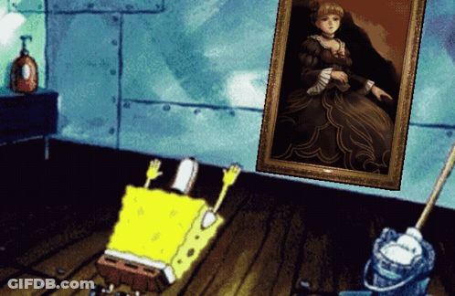 SpongeBob Laying On Floor In Front Of Framed Woman GIF