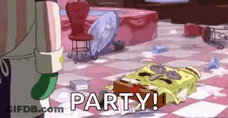 SpongeBob Laying On Floor In Messy Room Saying Party GIF