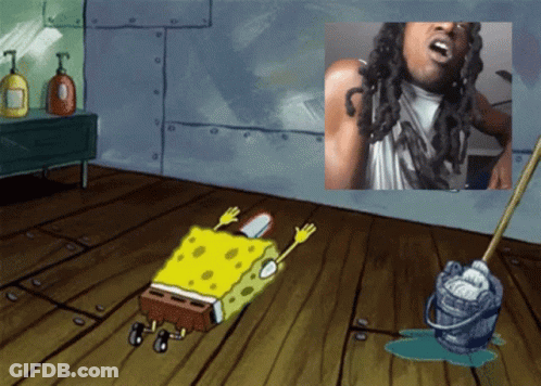 Spongebob Laying On The Floor Next To A Mop And A Picture Of A Man Singing GIF