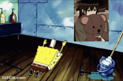 SpongeBob Lying On Floor With Teddy Bear And Mop GIF