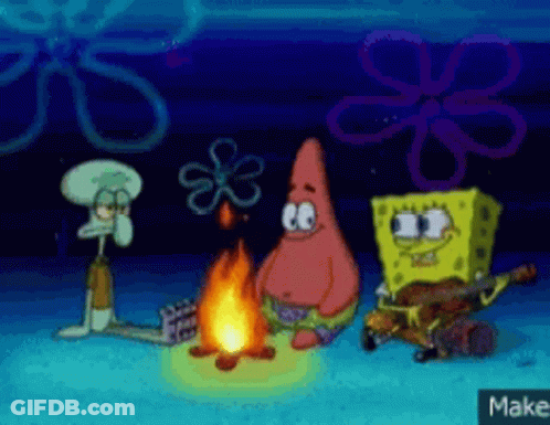 Spongebob Patrick And Squidward Are Sitting Around A Fire GIF