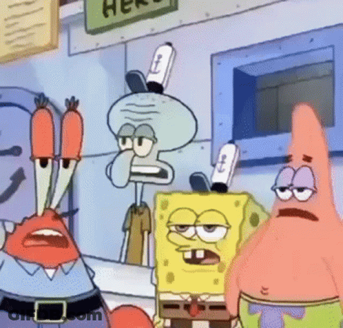 SpongeBob Patrick And Squidward Standing In Front Of Here Sign GIF