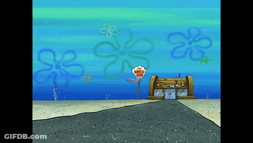 SpongeBob Scene With Flowers And Krusty Krab Sign GIF