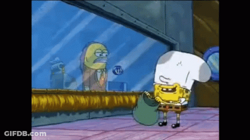 SpongeBob SquarePants In Chef Hat Holding Bag Looking Out Window GIF