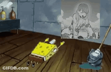 Spongebob Squarepants Is Cleaning The Floor With A Mop And A Picture Of A Girl In A Kimono . GIF