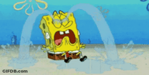 Spongebob Squarepants Is Crying While Sitting On The Beach With Water Coming Out Of His Mouth . GIF