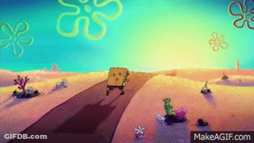 Spongebob Squarepants Is Driving Down A Road In The Desert Surrounded By Flowers . GIF