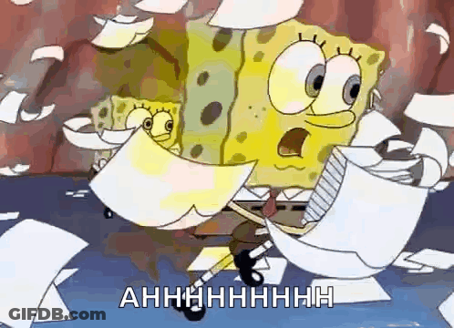 Spongebob Squarepants Is Holding A Piece Of Paper In His Hand While A Bunch Of Papers Are Falling Around Him . GIF