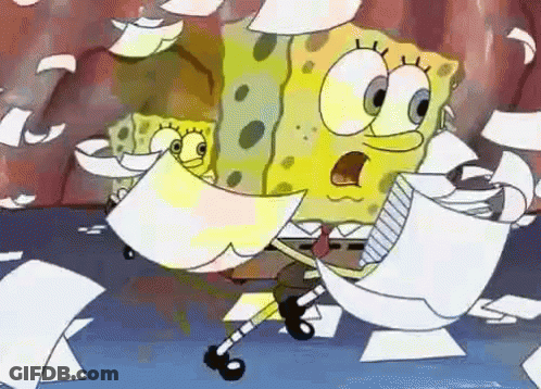 Spongebob Squarepants Is Holding A Piece Of Paper In His Hand While Standing Next To A Pile Of Papers . GIF