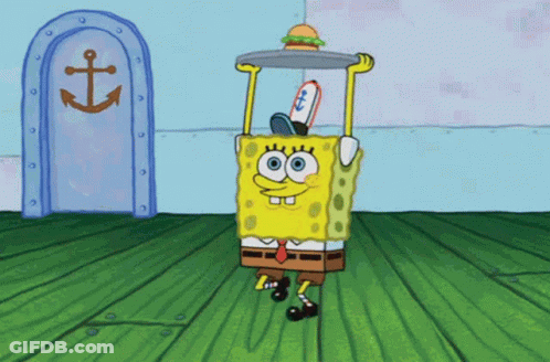 Spongebob Squarepants Is Holding A Tray With A Hamburger On It GIF