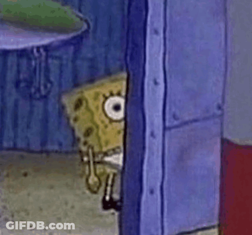 Spongebob Squarepants Is Peeking Out From Behind A Blue Door . GIF