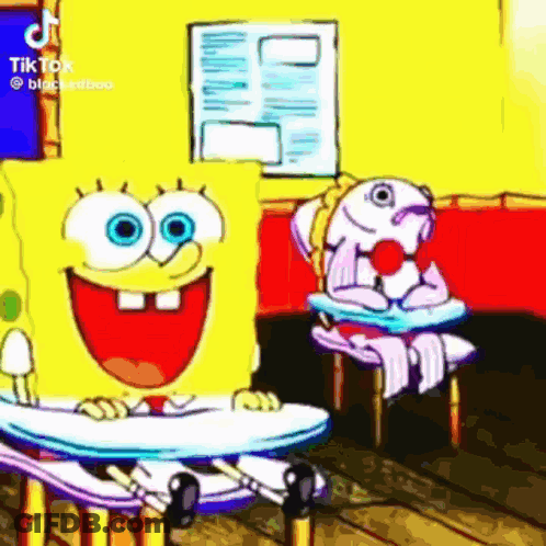 Spongebob Squarepants Is Sitting At A Desk In A Classroom With A Fish . GIF