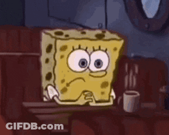 Spongebob Squarepants Is Sitting At A Table With A Cup Of Coffee And A Sad Face . GIF