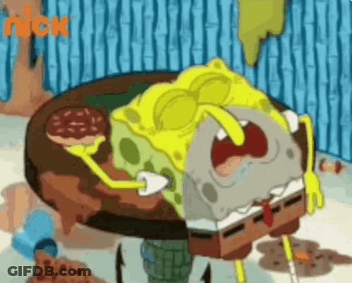 Spongebob Squarepants Is Sitting At A Table With A Pizza And A Bottle Of Water . GIF