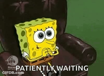 Spongebob Squarepants Is Sitting In A Chair With The Words `` Patiently Waiting '' Written Below Him . GIF