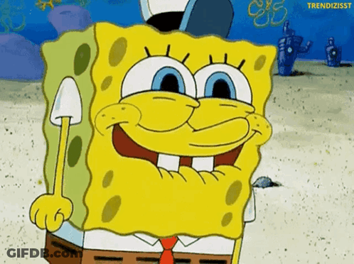 Spongebob Squarepants Is Smiling And Holding A Shovel In His Hand GIF