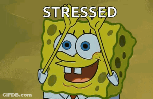 Spongebob Squarepants Is Smiling And Holding His Hands Up In The Air While Stressed . GIF