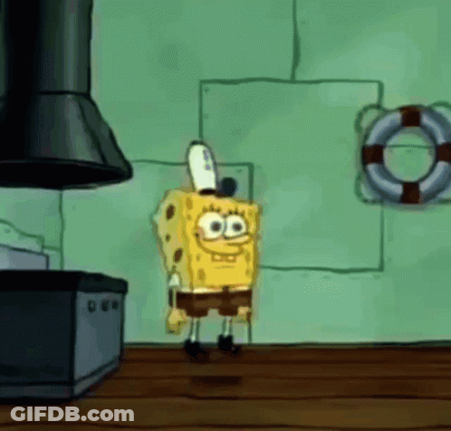 Spongebob Squarepants Is Standing In A Kitchen With A Life Preserver On The Wall Behind Him GIF