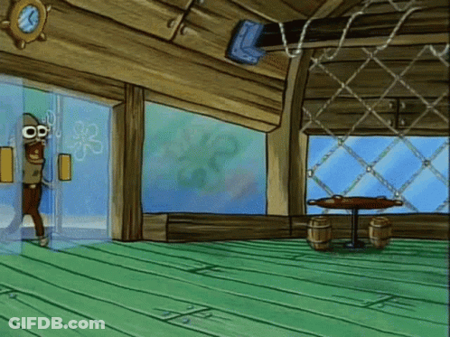 SpongeBob Standing In Room With Table And Barrels GIF