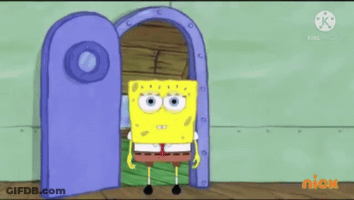 Spongebob Squarepants Is Standing In Front Of A Blue Door With His Eyes Closed . GIF