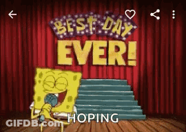 Spongebob Squarepants Is Standing On A Stage With A Microphone In Front Of A Red Curtain . GIF