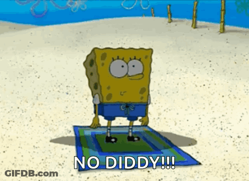 Spongebob Squarepants Is Standing On A Towel On The Beach And Saying No Diddy GIF