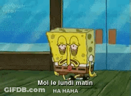 Spongebob Squarepants Is Standing On A Wooden Floor In Front Of A Window And Talking In French . GIF