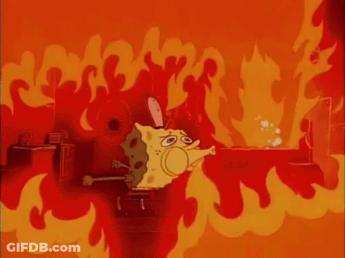 Spongebob Squarepants Is Surrounded By Flames In A Kitchen . GIF