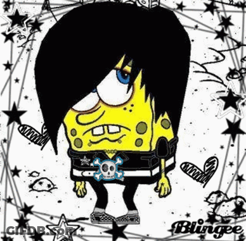 Spongebob Squarepants Is Wearing A Black And White Outfit With A Skull On It . GIF