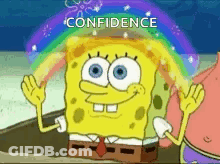 Spongebob Squarepants Waving With Rainbow Saying Confidence GIF
