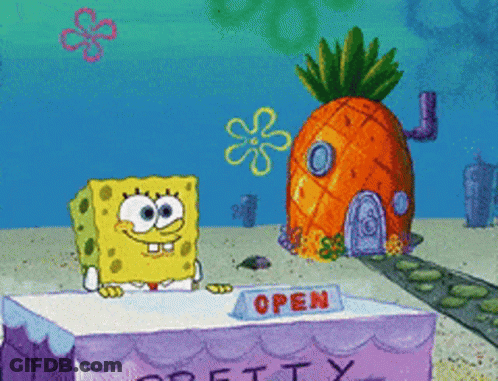 SpongeBob Standing Behind Table Saying Open GIF