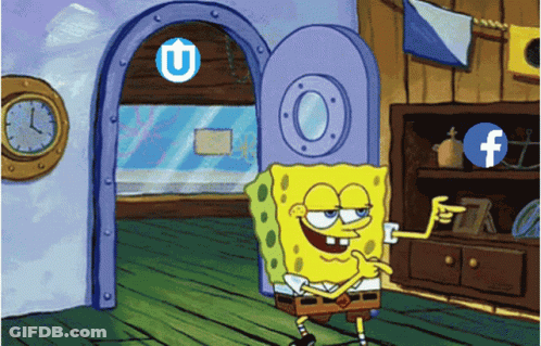 SpongeBob Standing In Front Of Facebook Logo Door GIF