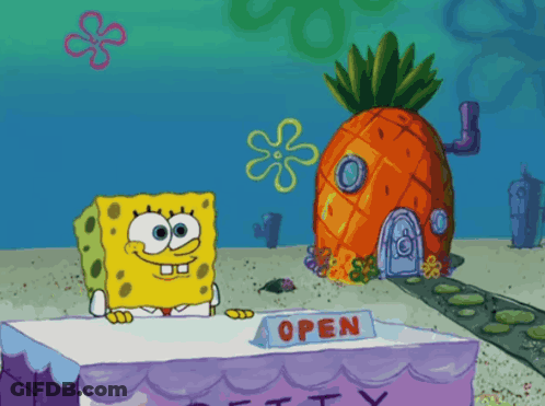 SpongeBob Standing In Front Of Open Sign GIF
