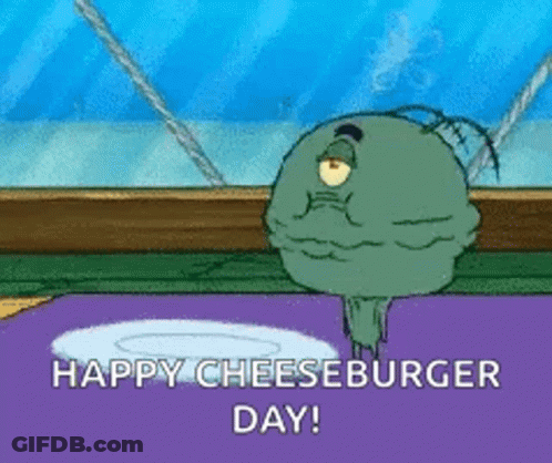 SpongeBob Standing Next To Happy Cheeseburger Day Plate GIF